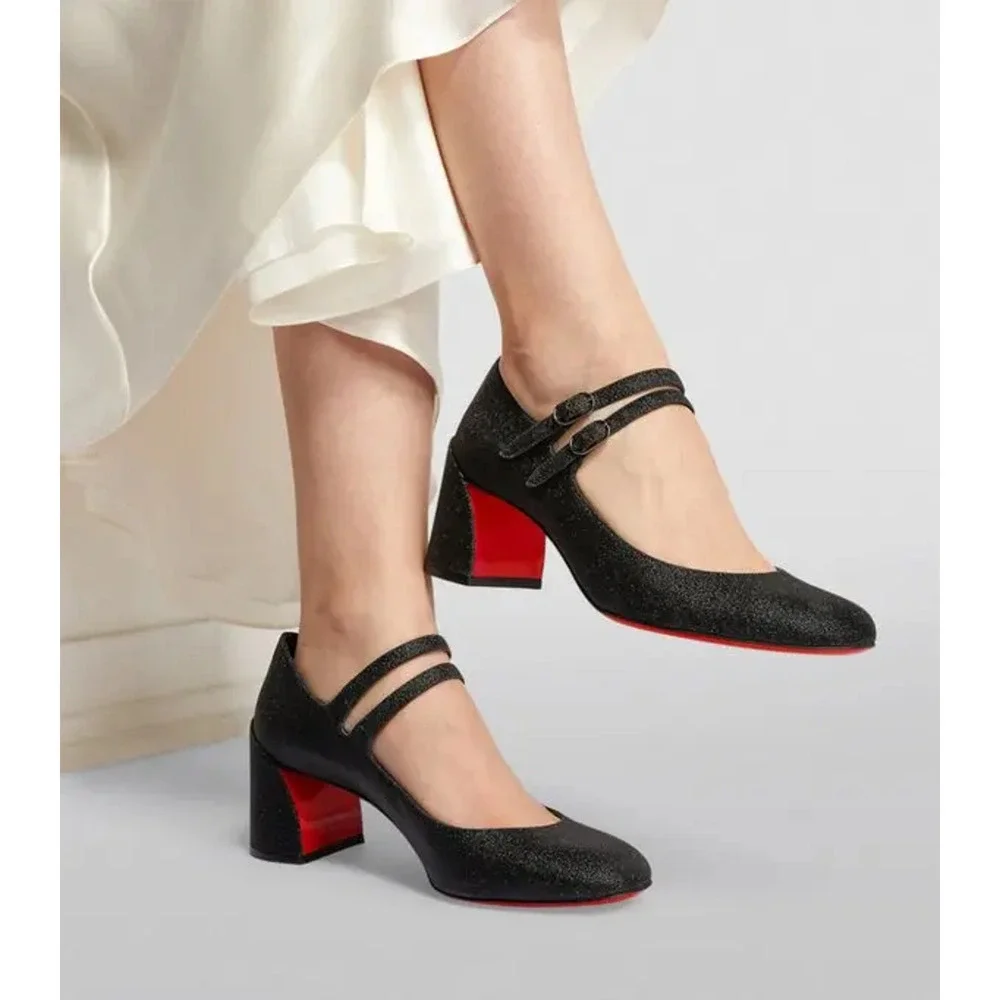 Christian Louboutin Miss Jane 55 Black Glitter Mary Jane Block Heel Pump 37.5